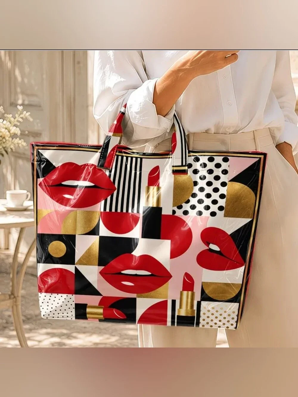 Women Retro Polka Dot Lipstick Print PVC Large Tote Bag